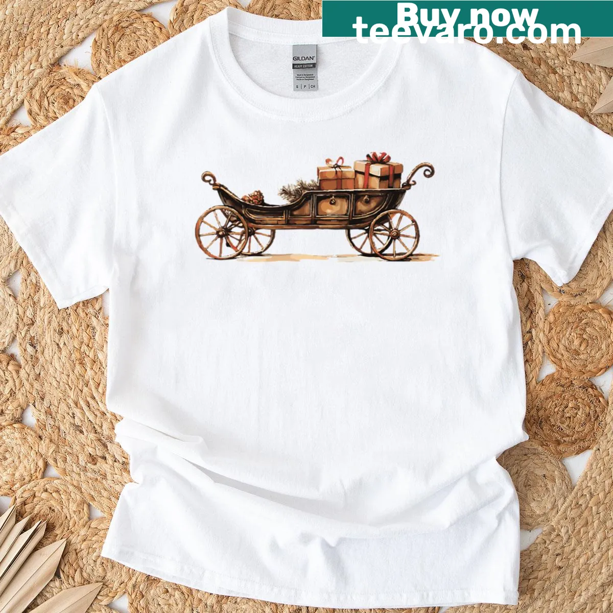 Vintage holiday art T-shirt featuring a rustic Christmas carriage — on a men's t-shirt