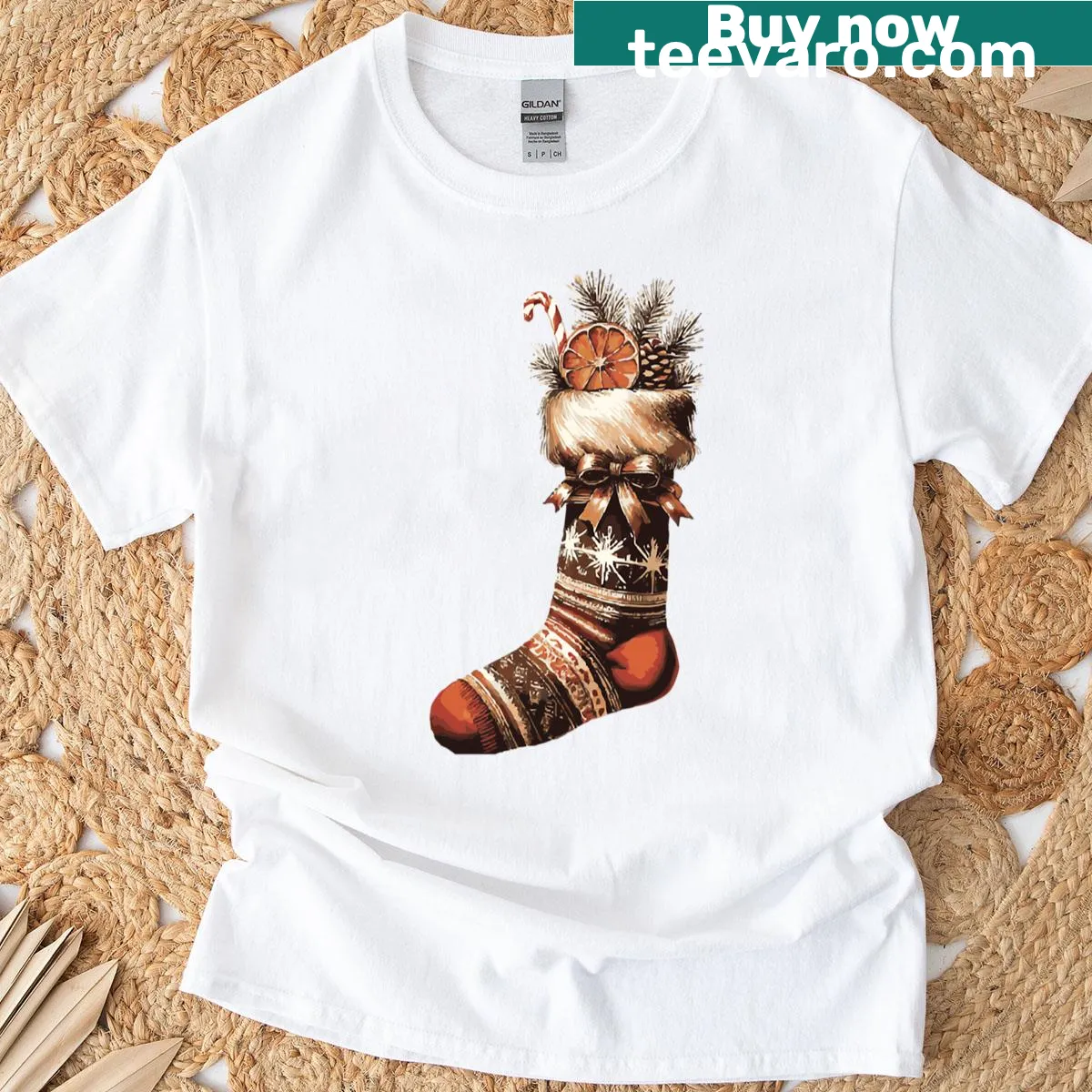 Nordic holiday art t-shirt featuring a rustic Christmas stocking design — on a men's t-shirt