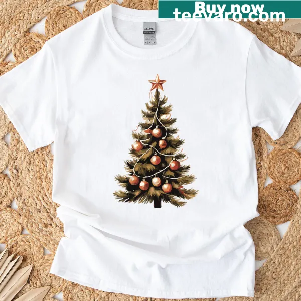 Rustic Christmas tree T-shirt with vintage holiday art