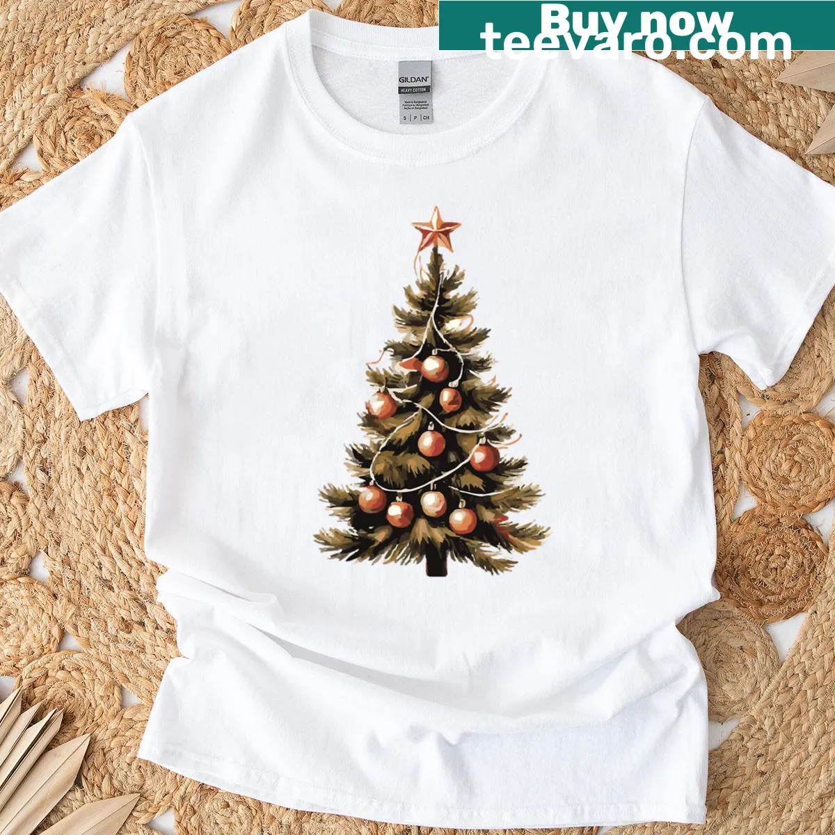 Rustic Christmas tree T-shirt with vintage holiday art — on a men's t-shirt