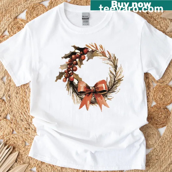 Nordic holiday art t-shirt featuring a rustic Christmas wreath design
