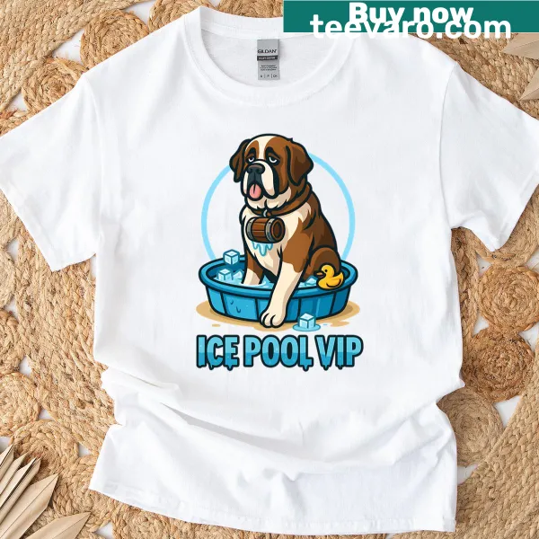 Illustration of a Saint Bernard dog by the pool on a T-shirt
