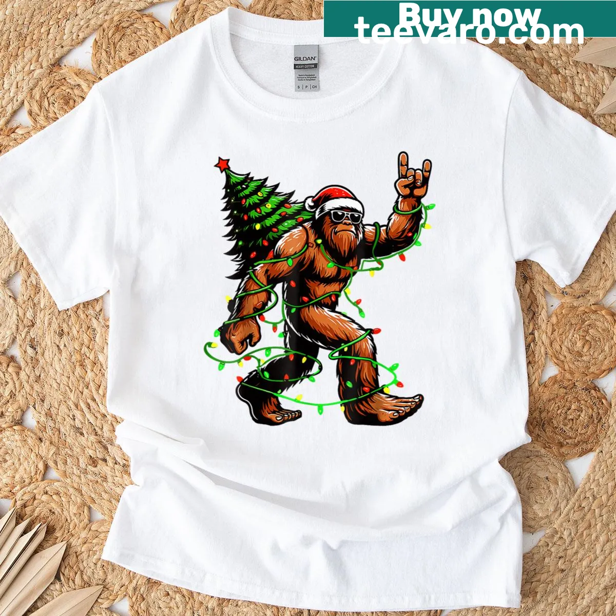 Funny Santa Bigfoot shirt with Christmas tree and lights graphic — on a men's t-shirt