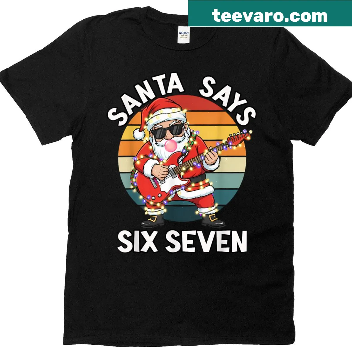 T-shirt with 'Santa Says Six Seven' and bubble gum lights for a festive feel. — on a men's t-shirt
