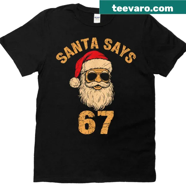 Retro Christmas T-shirt with Santa saying Six Seven meme