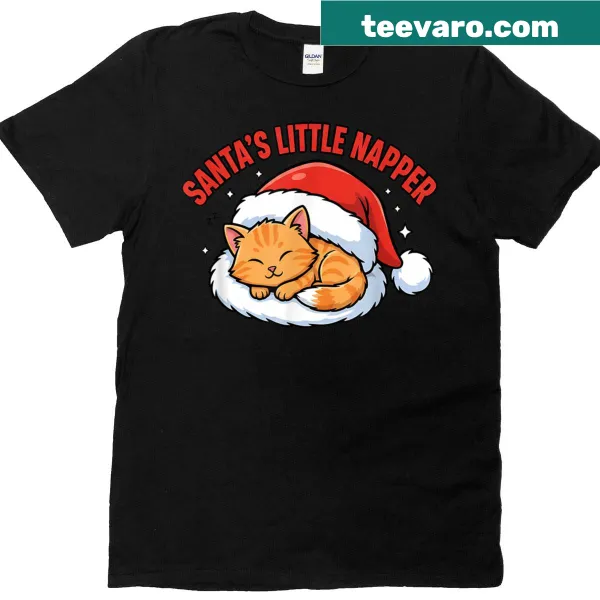 Cute Christmas T-shirt with a napping cat under a Santa hat