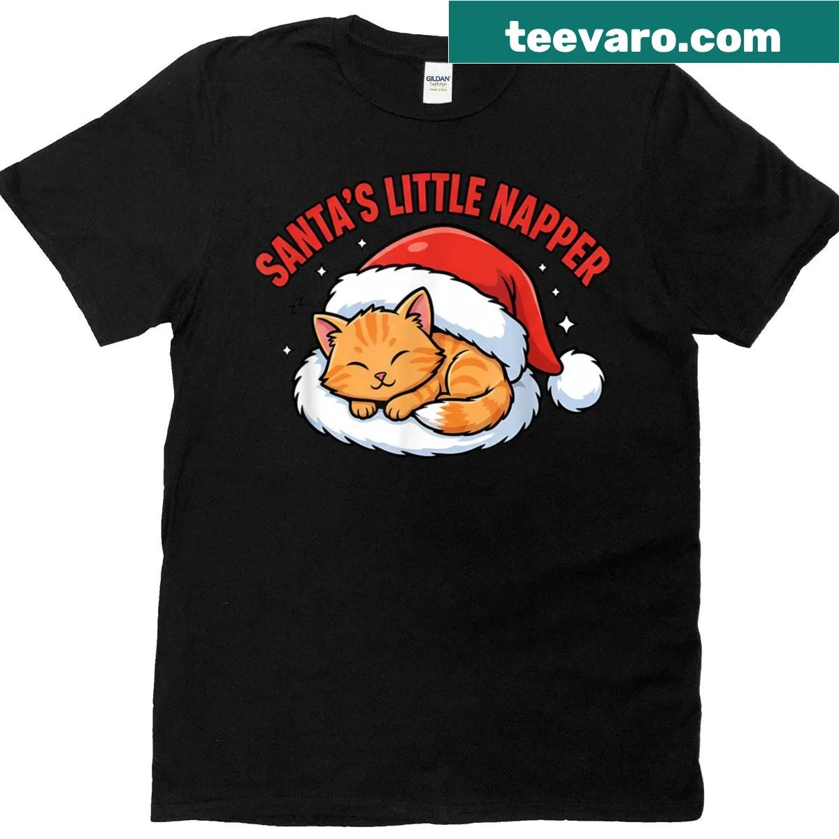 Cute Christmas T-shirt with a napping cat under a Santa hat — on a men's t-shirt