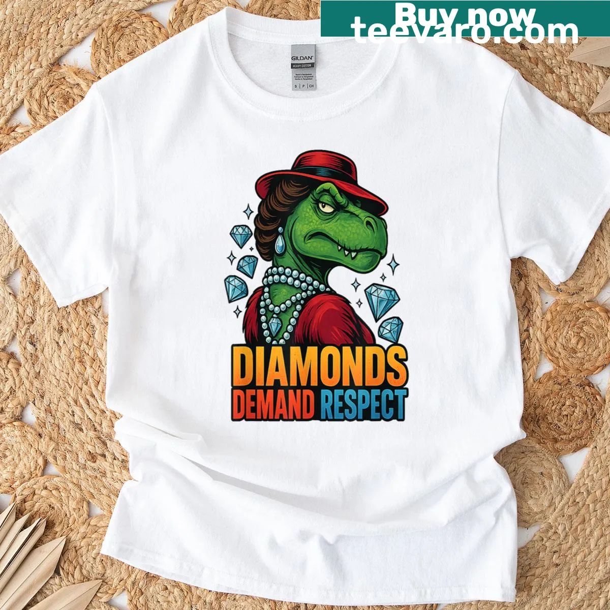 Cute T-shirt featuring a sassy dinosaur with diamonds illustration — on a men's t-shirt