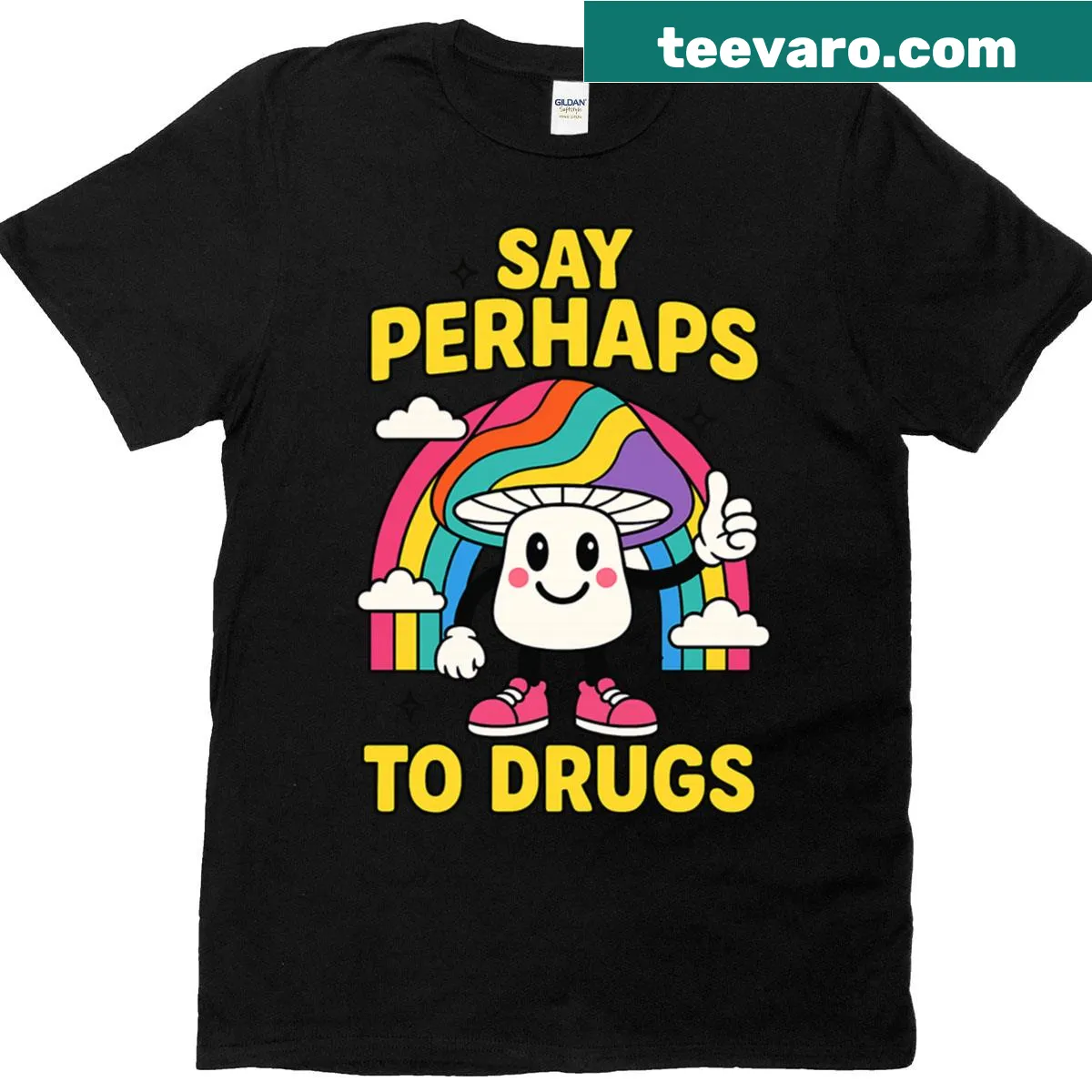 Trippy T-shirt featuring rainbow mushrooms and edgy text — on a men's t-shirt