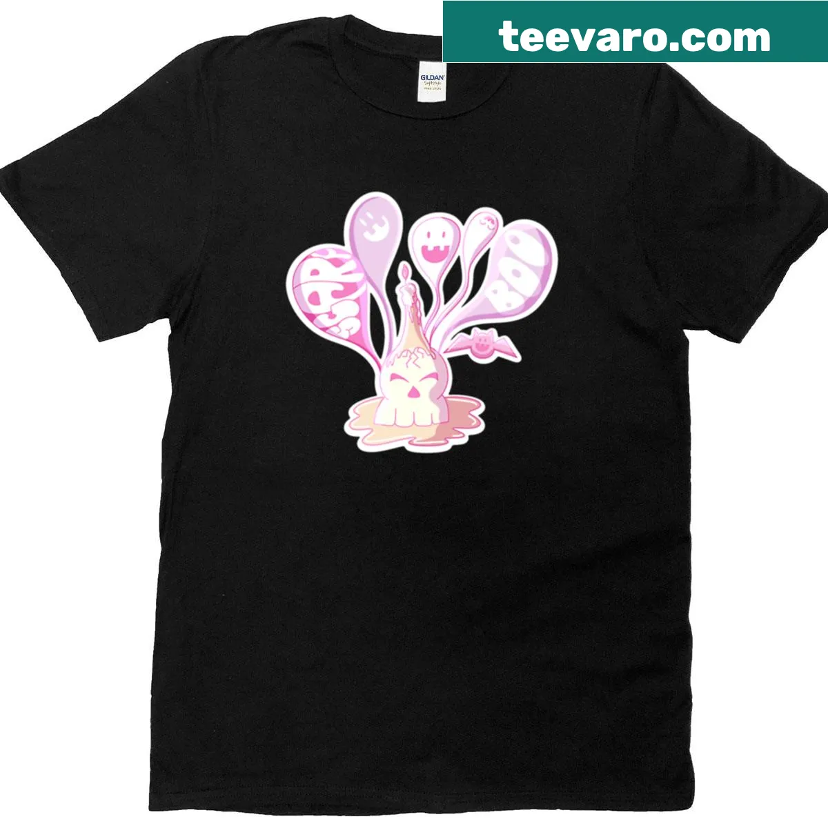 Cartoon-style t-shirt featuring cute spooky creatures — on a men's t-shirt