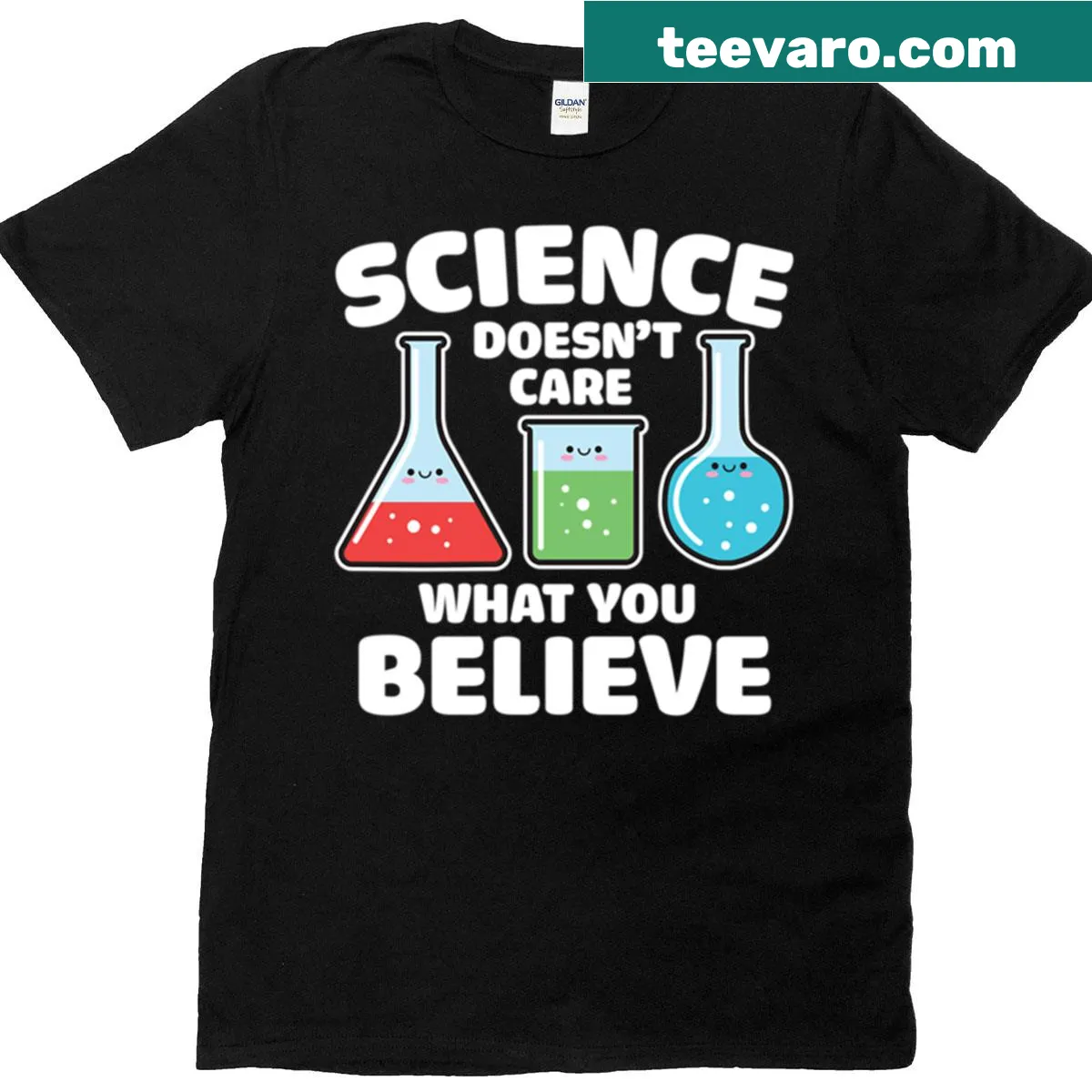 Science-themed t-shirt with the phrase 'Science Doesn't Care What You Believe' — on a men's t-shirt