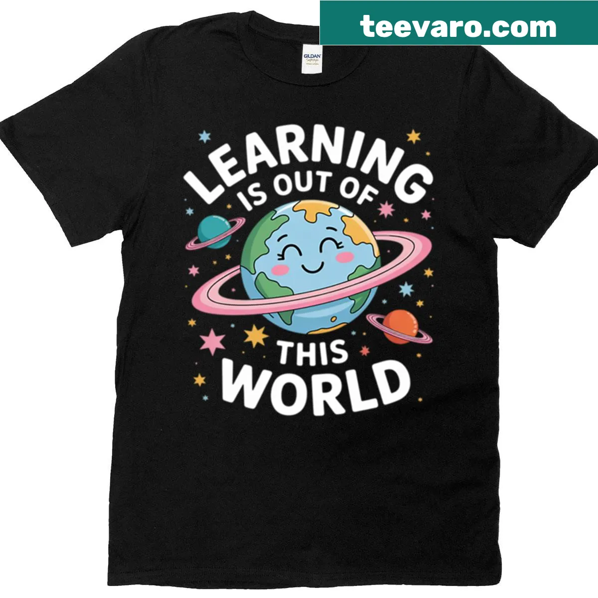 Inspirational science teacher t-shirt with planet theme — on a men's t-shirt