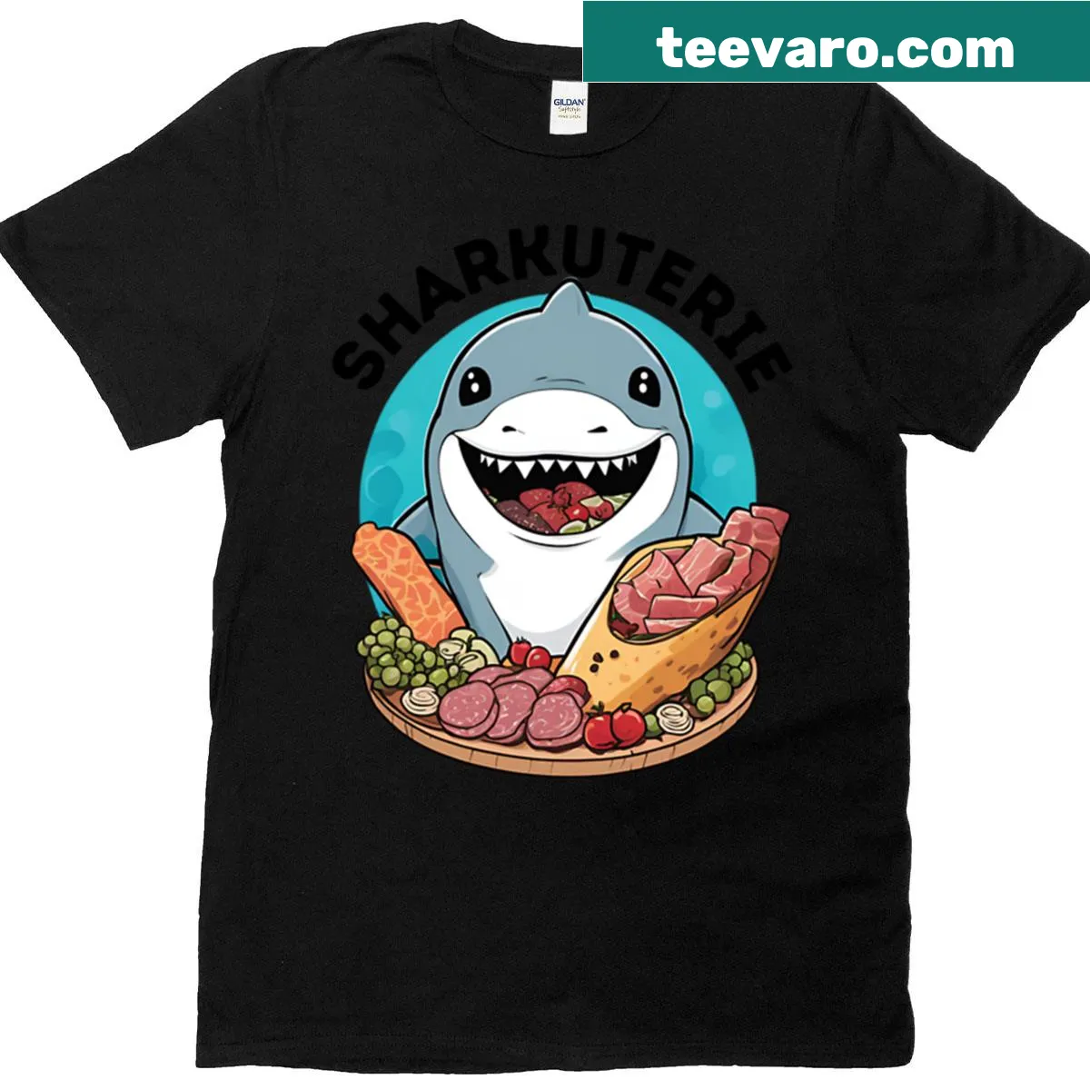 Humorous T-shirt with 'Sharkuterie' text and shark illustrations — on a men's t-shirt