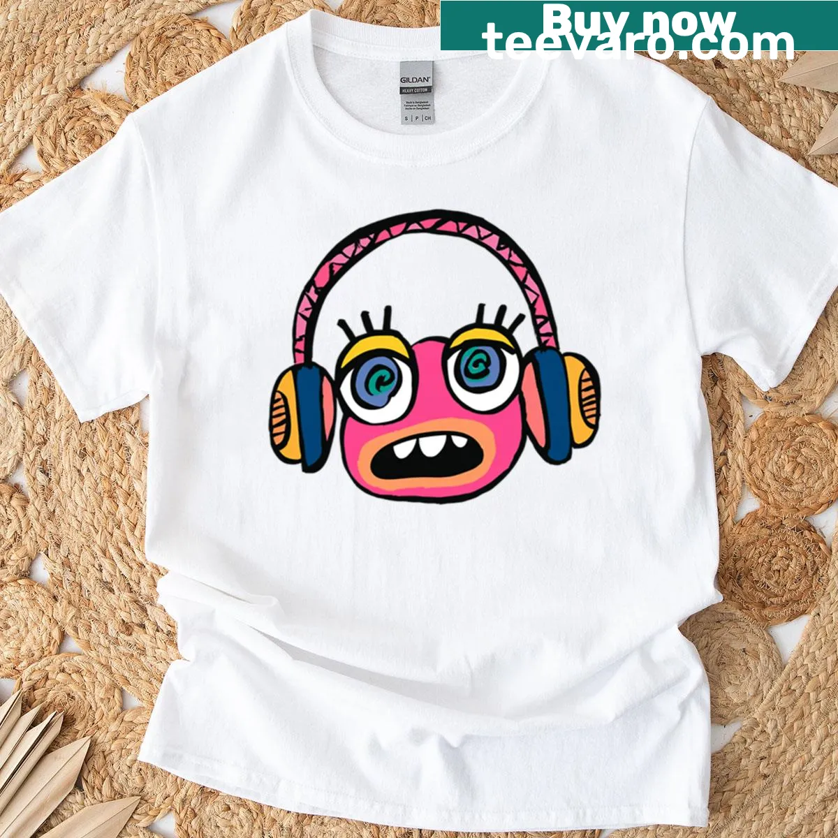 Music-themed T-shirt with shocked headphones illustration — on a men's t-shirt
