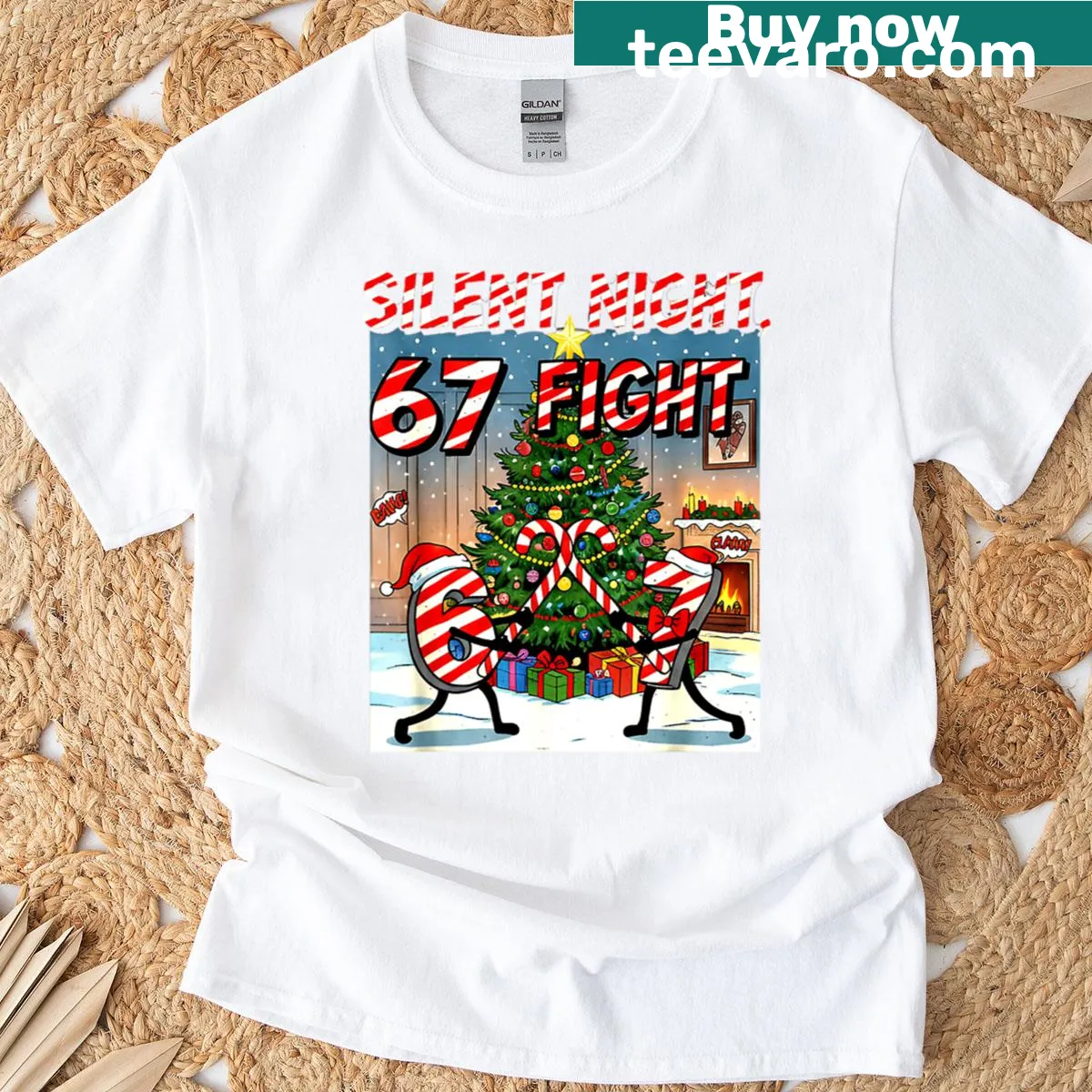 Humorous Christmas T-shirt with a playful twist on Silent Night — on a men's t-shirt