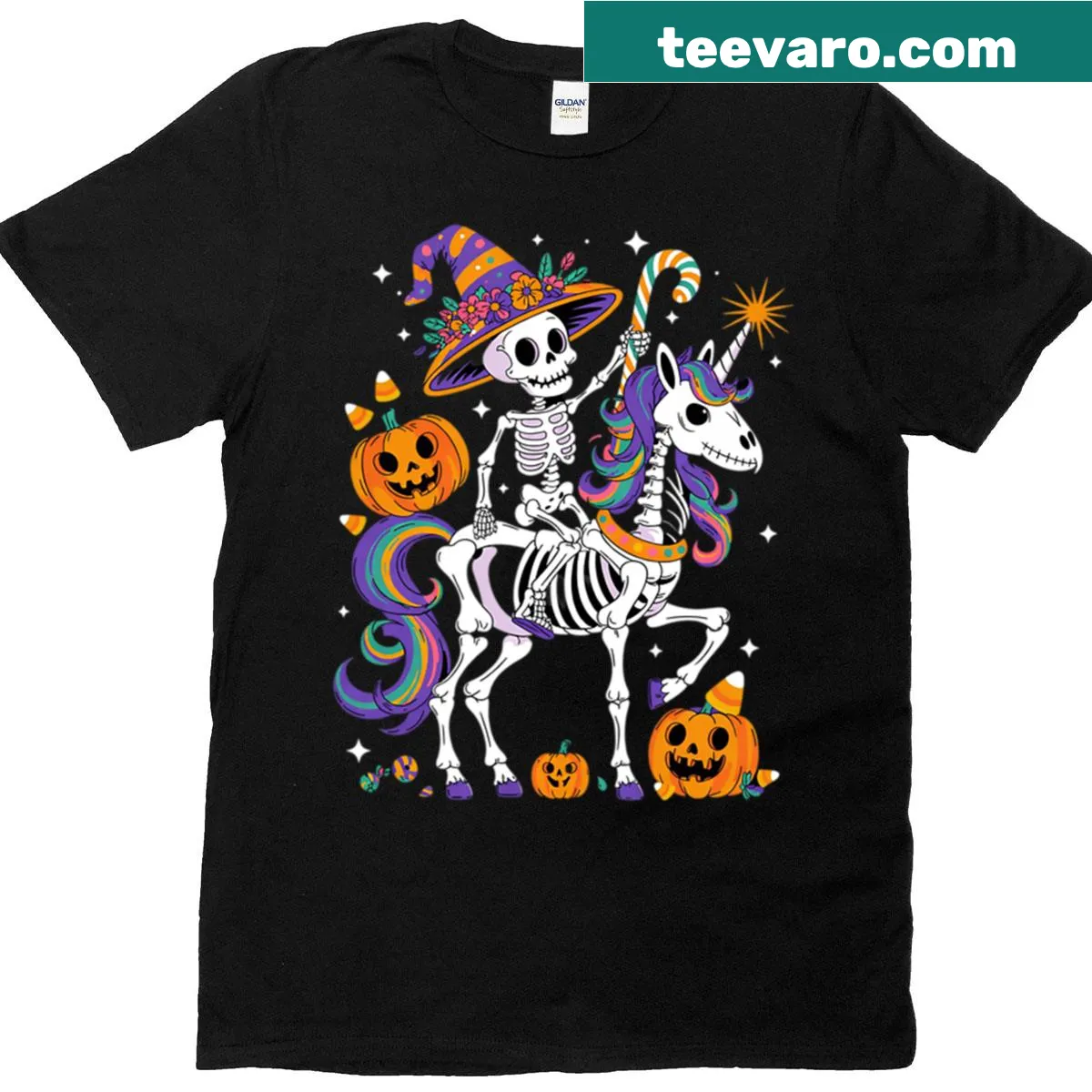 Skeleton riding a unicorn graphic on Halloween costume T-shirt — on a men's t-shirt