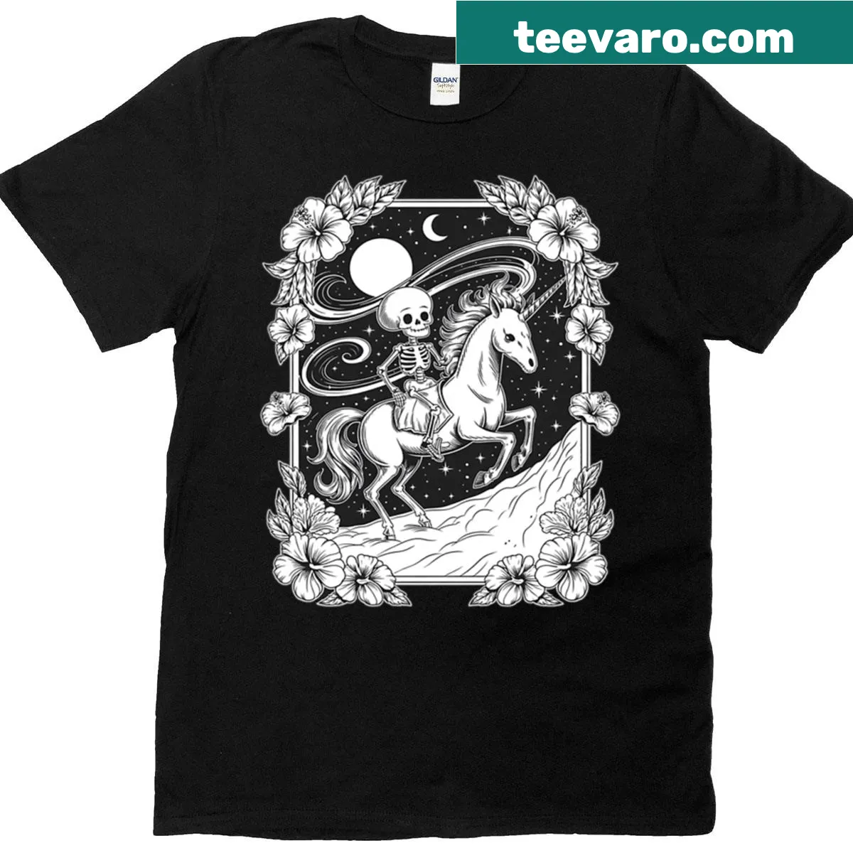 Halloween t-shirt with skeleton riding a unicorn and tarot card designs — on a men's t-shirt