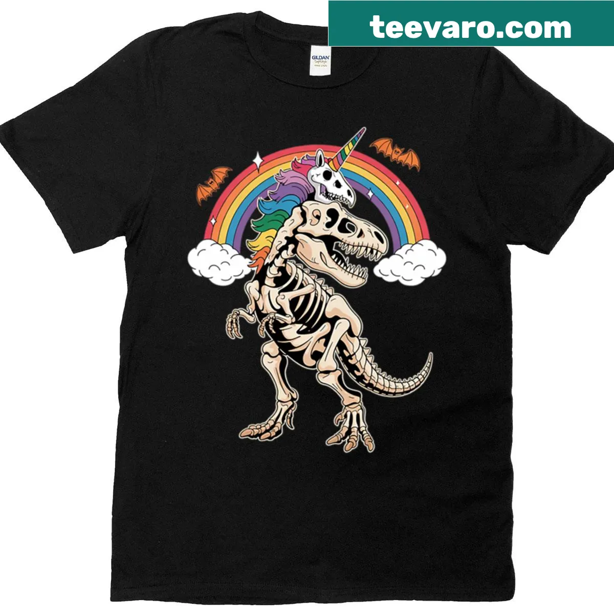Cartoon skeleton riding a T-Rex unicorn on Halloween T-shirt — on a men's t-shirt