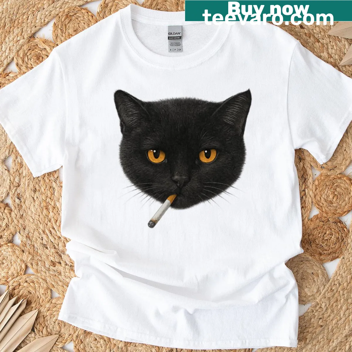 Y2K vintage T-shirt featuring a smoking black cat graphic — on a men's t-shirt