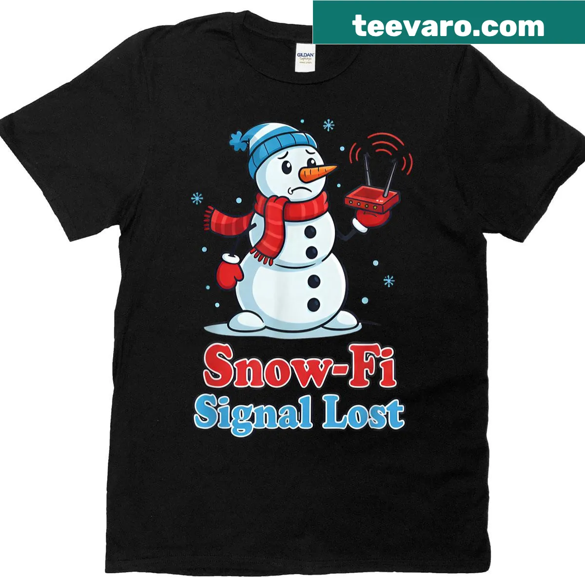 Cute Christmas T-shirt with snowman and 'Signal Lost' pun design. — on a men's t-shirt