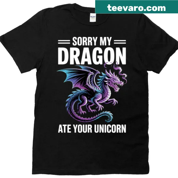Funny t-shirt featuring a dragon and unicorn graphic