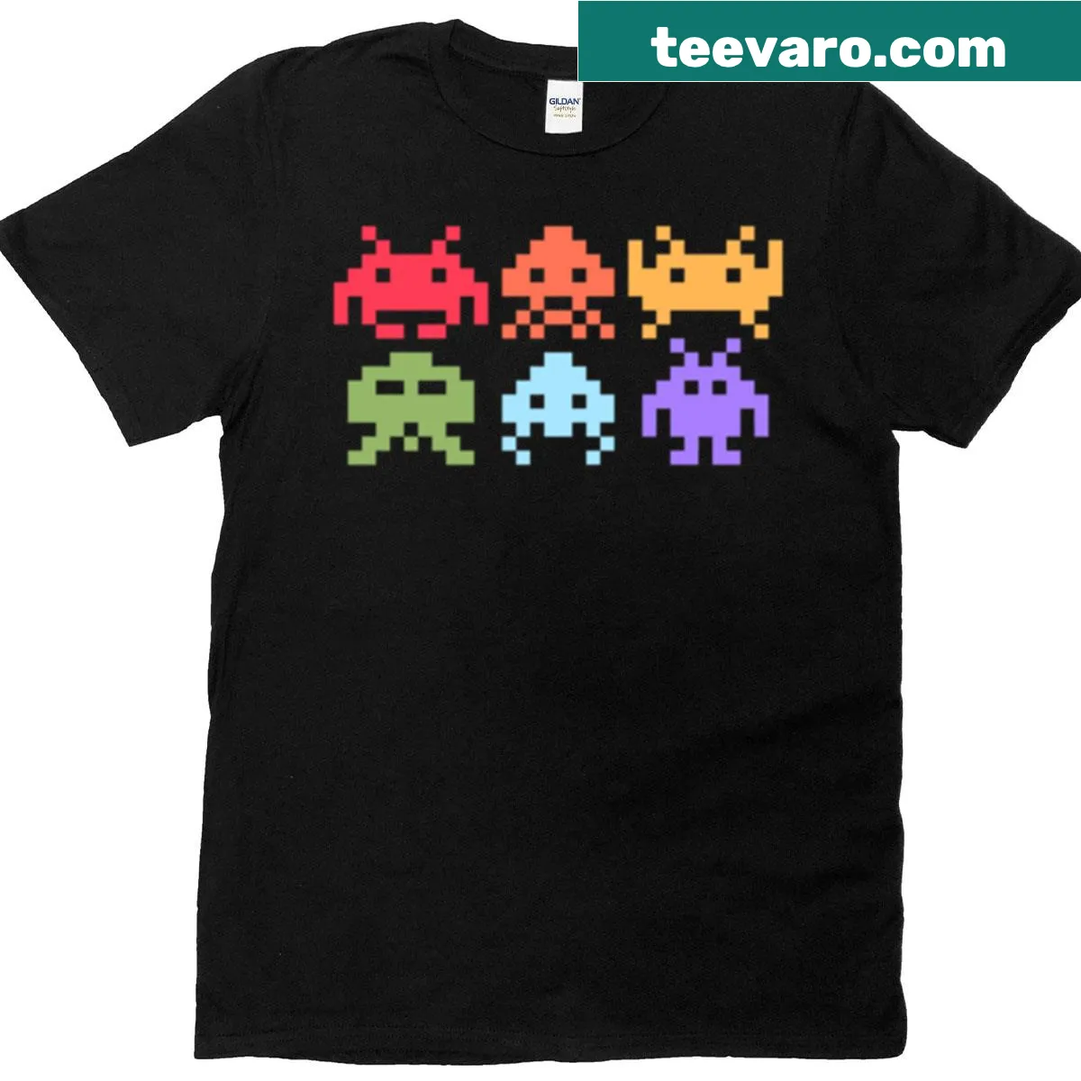 Pixel art rainbow aliens design on a T-shirt — on a men's t-shirt