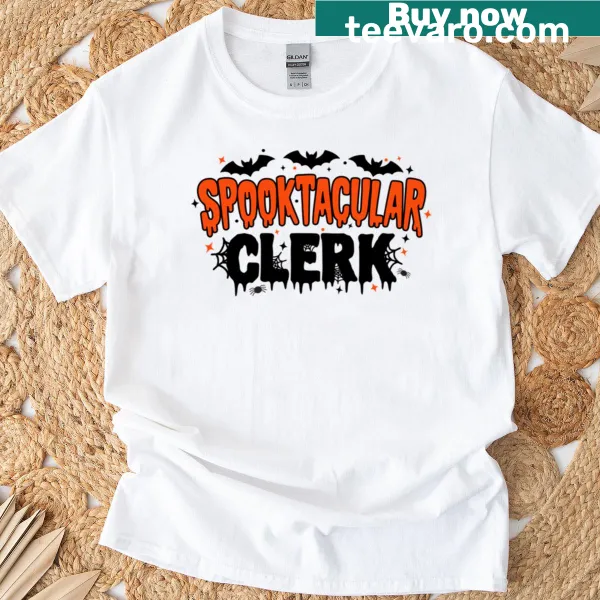 Whimsical spooky clerk graphic on T-shirt