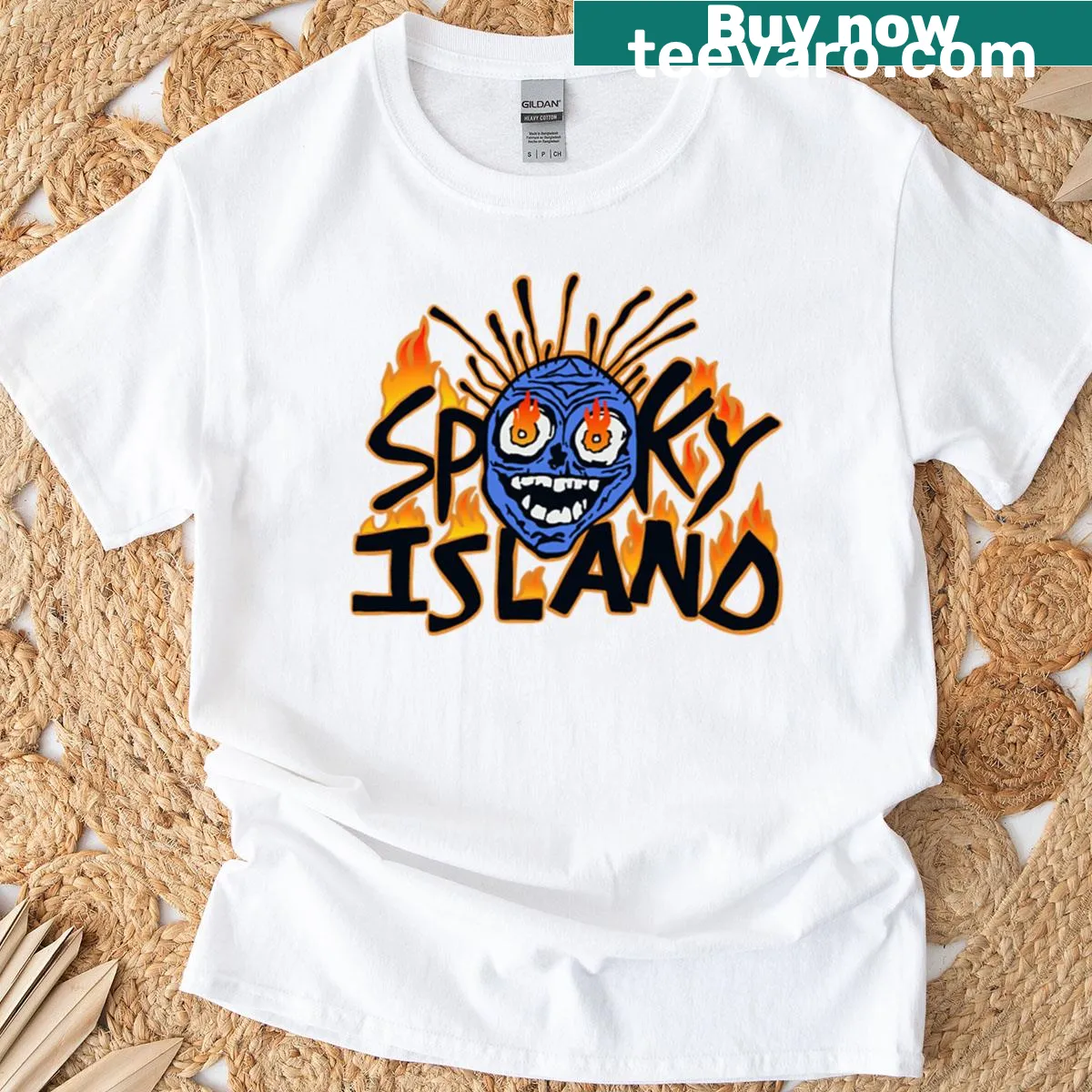 Haunting graphic of Spooky Island on a t-shirt — on a men's t-shirt