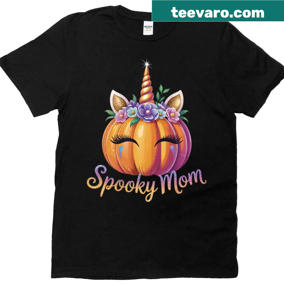 Cute Halloween T-shirt for moms featuring a pumpkin and unicorn — on a men's t-shirt