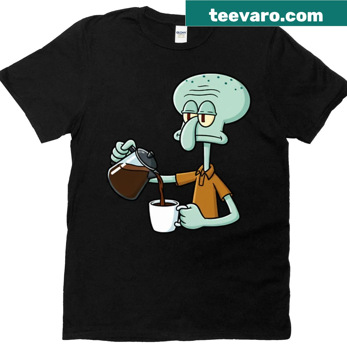 Illustration of Squidward pouring coffee for a humorous touch. — on a men's t-shirt