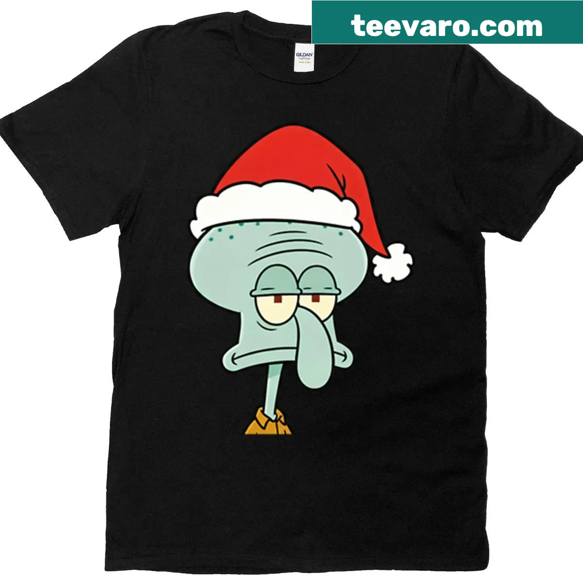 Squidward t-shirt featuring a Christmas hat graphic — on a men's t-shirt