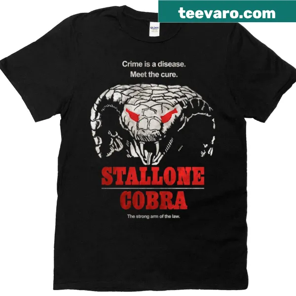 Cobra character graphic on humor-themed Stallone T-shirt