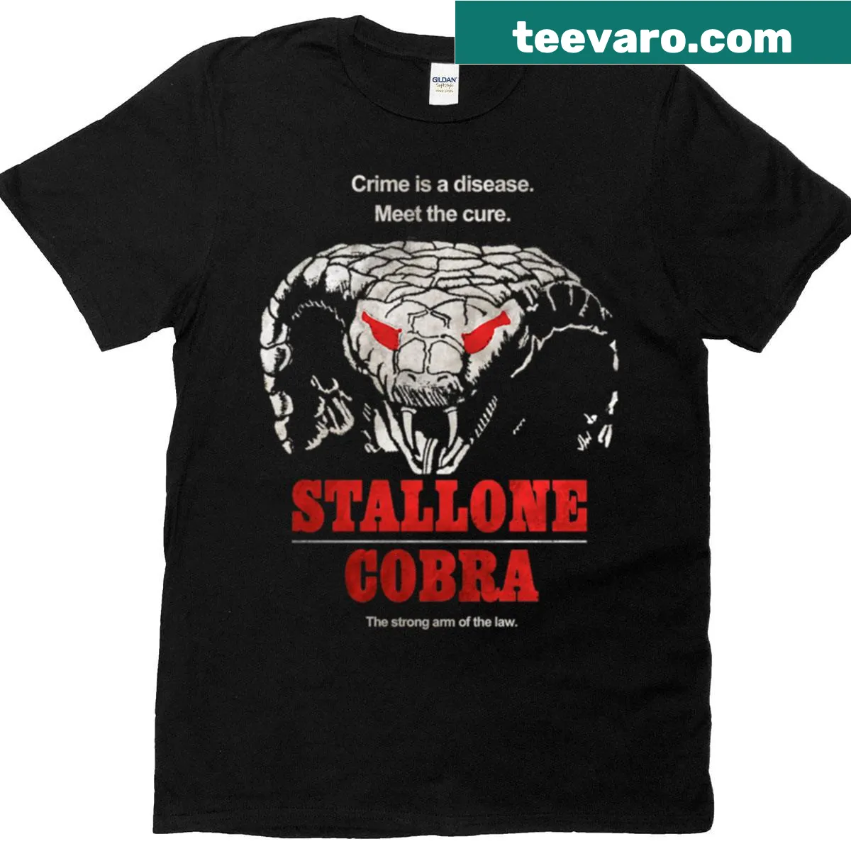 Cobra character graphic on humor-themed Stallone T-shirt — on a men's t-shirt
