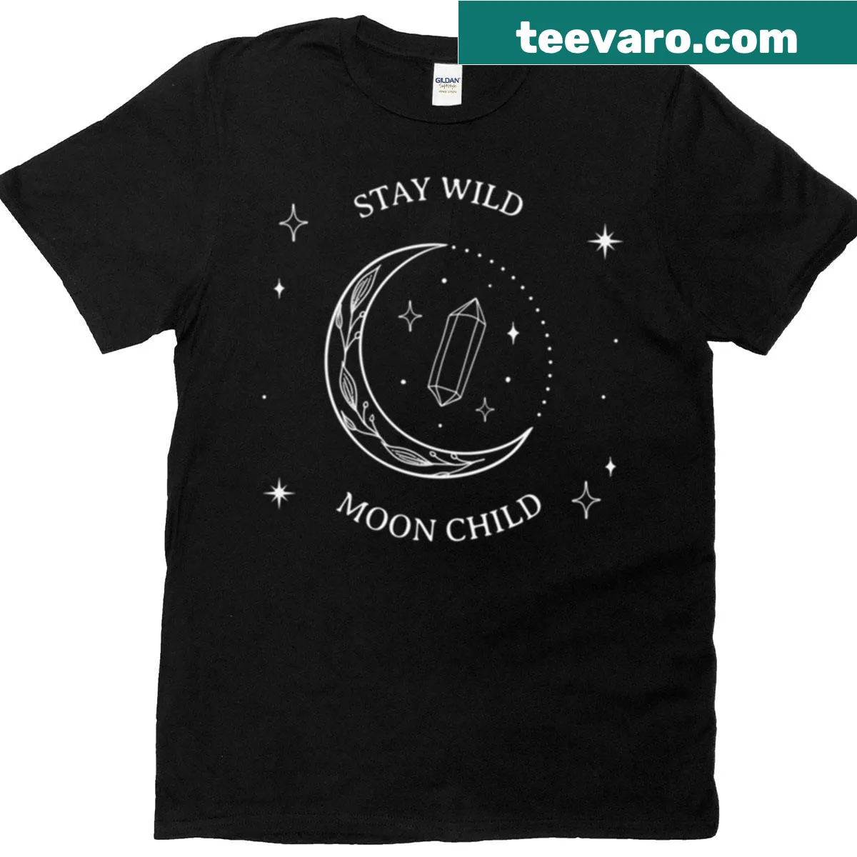 Illustrated T-shirt with moon graphic and 'Stay Wild Moon Child' text — on a men's t-shirt