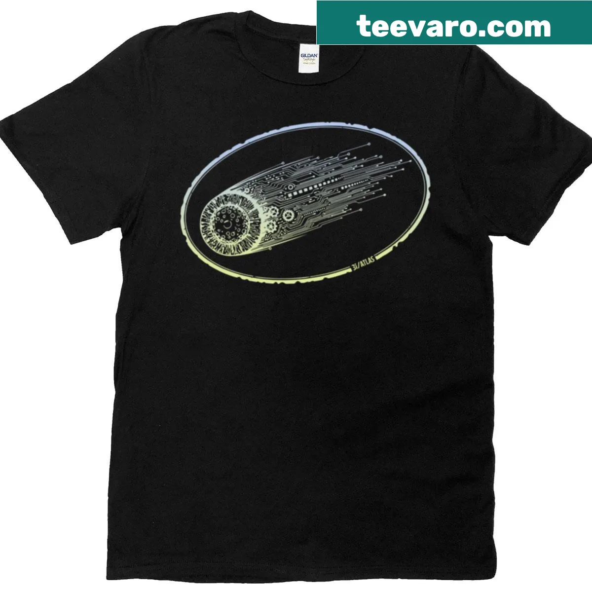 Steampunk illustration t-shirt featuring a comet and tech elements — on a men's t-shirt