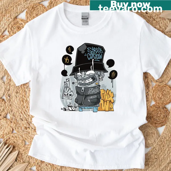 B-boy character graffiti design on a street art-themed t-shirt