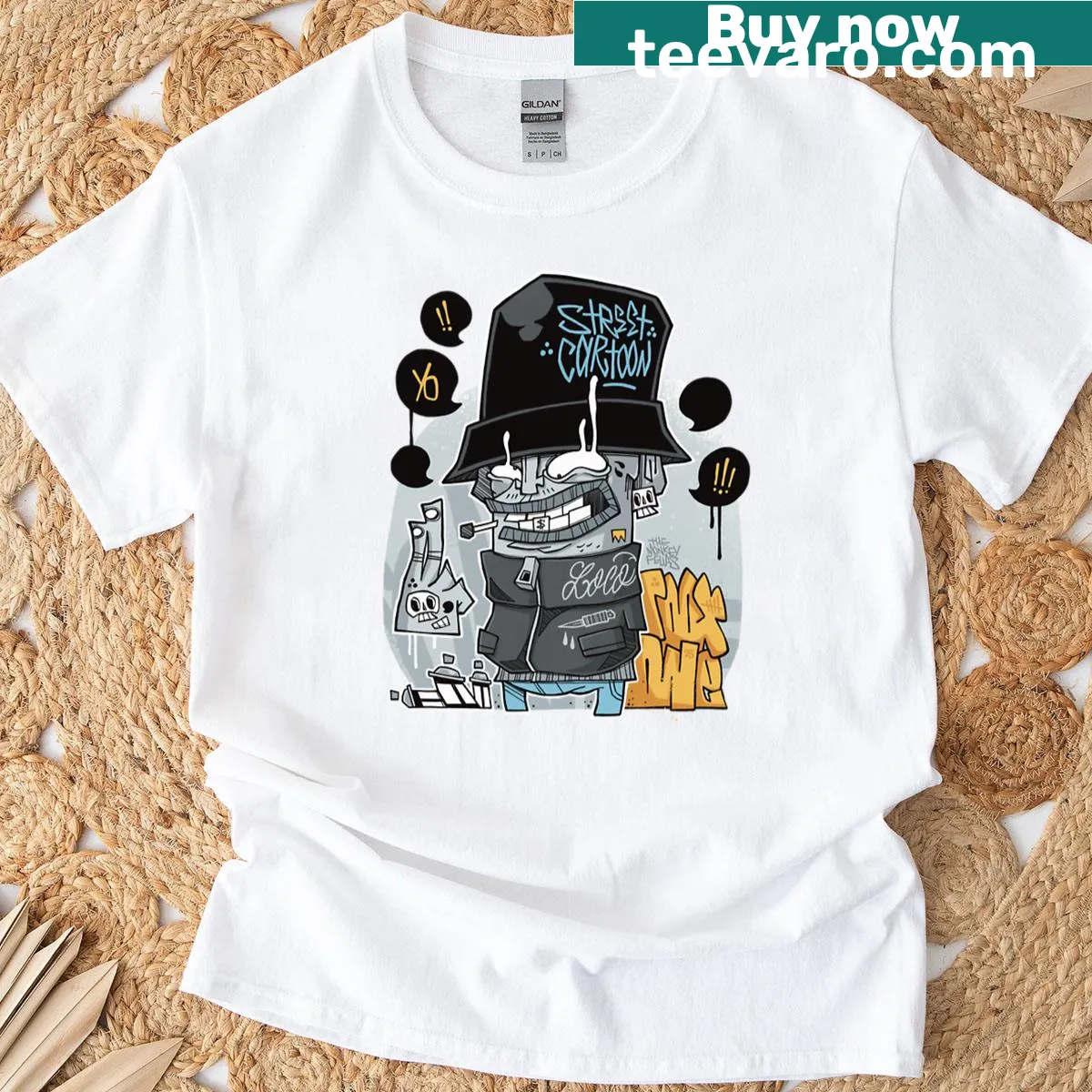 B-boy character graffiti design on a street art-themed t-shirt — on a men's t-shirt
