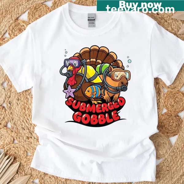 Cartoon turkey in scuba gear for a funny Thanksgiving t-shirt