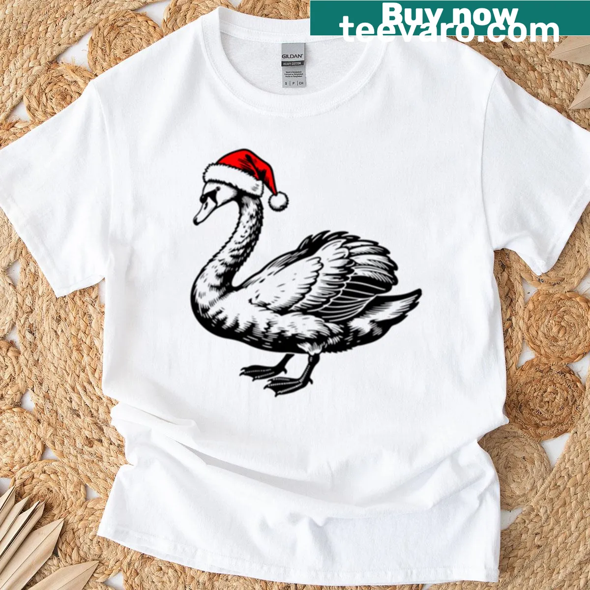 Charming silhouette of a swan wearing a Santa hat on T-shirt — on a men's t-shirt