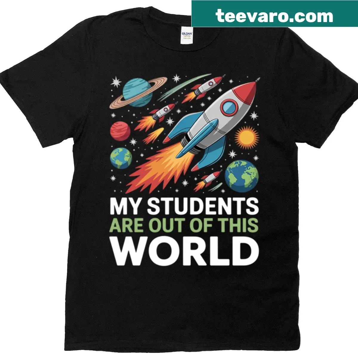 Playful teacher t-shirt about students being out of this world — on a men's t-shirt