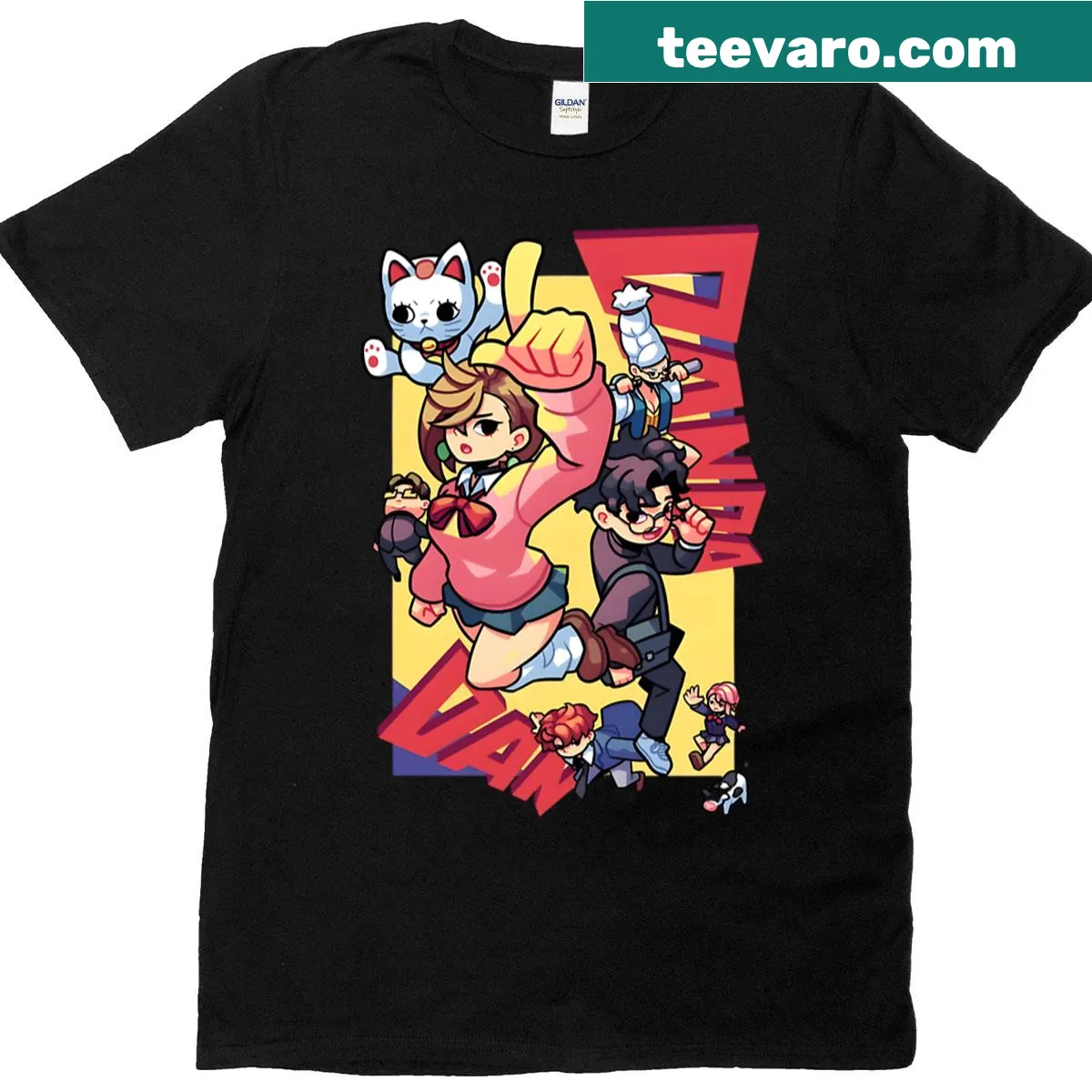 Cartoon-style Chibi characters from Team Dandadan on T-shirt — on a men's t-shirt