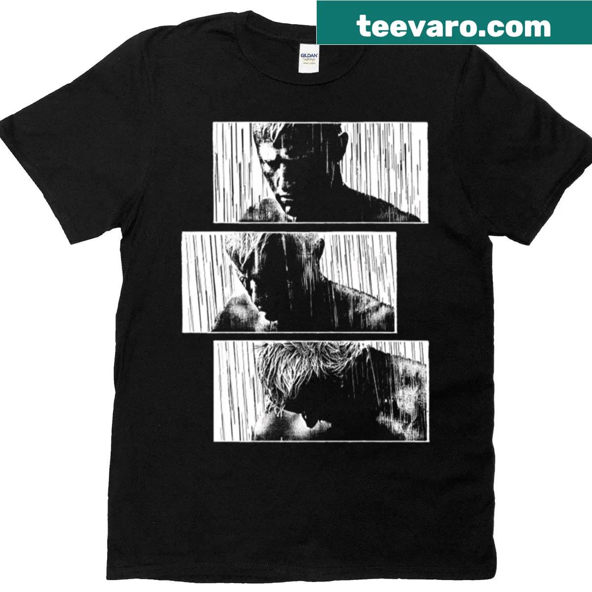 Minimalist t-shirt featuring the phrase 'Tears in Rain' in a striking font — on a men's t-shirt