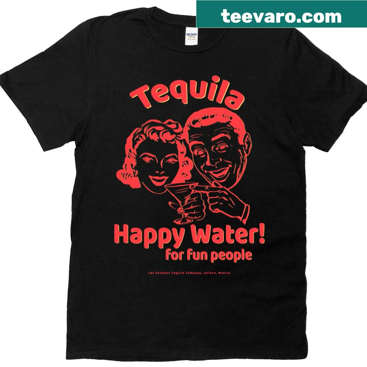 Funny Tequila Happy Water t-shirt with playful text — on a men's t-shirt