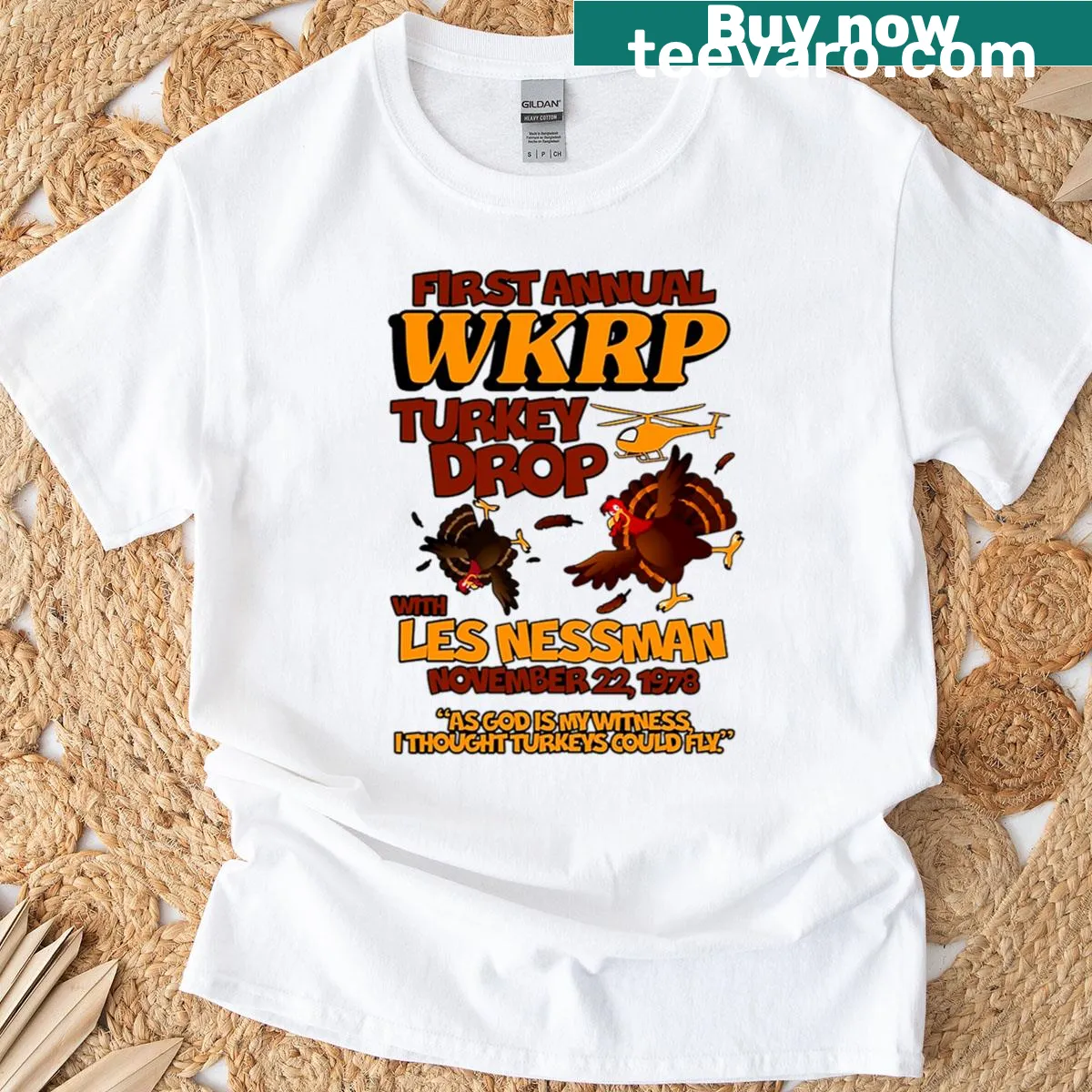 Wkrp Turkey Drop T-shirt featuring a nostalgic Thanksgiving design — on a men's t-shirt