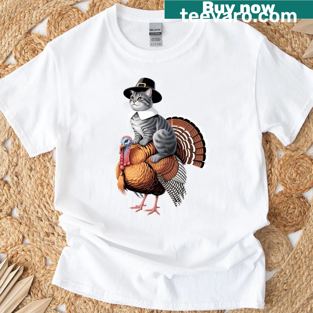 Whimsical cat pilgrim graphic for Thanksgiving T-shirt — on a men's t-shirt