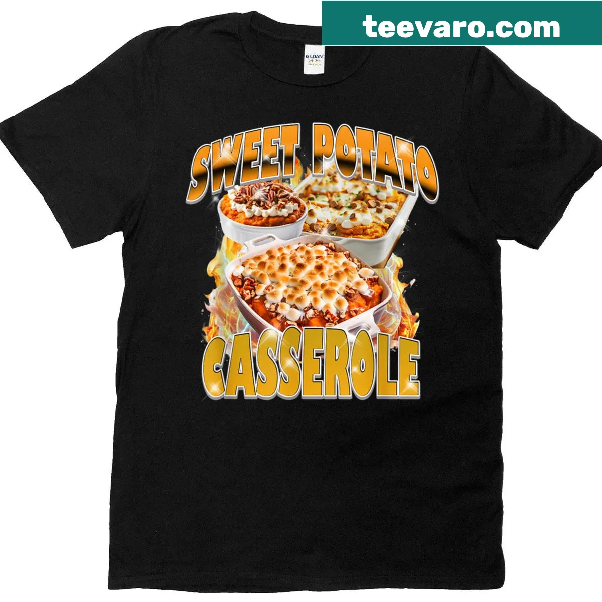Thanksgiving-themed T-shirt featuring sweet potato casserole — on a men's t-shirt