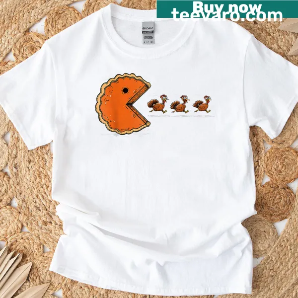 Funny Thanksgiving t-shirt featuring video game characters eating turkey