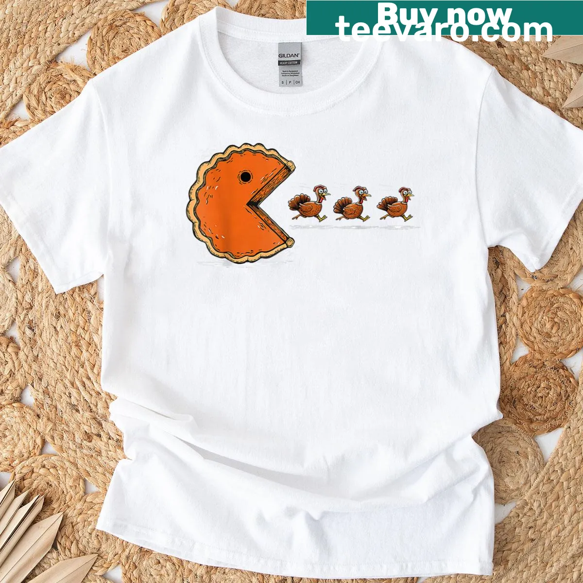 Funny Thanksgiving t-shirt featuring video game characters eating turkey — on a men's t-shirt