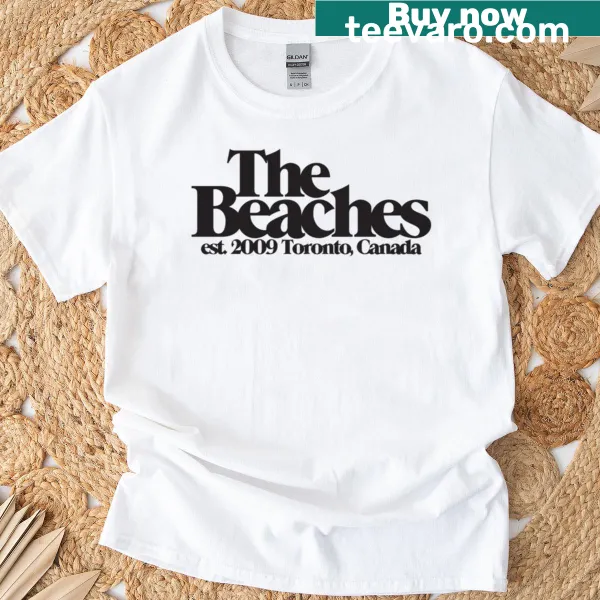 Illustrated logo of The Beaches band on a t-shirt