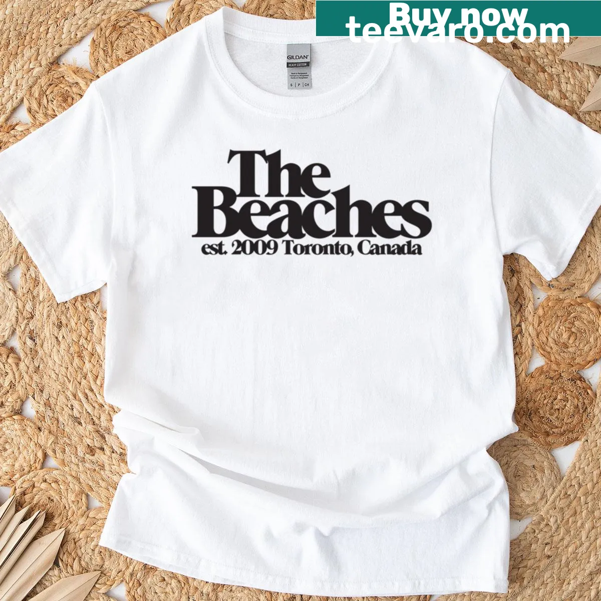 Illustrated logo of The Beaches band on a t-shirt — on a men's t-shirt